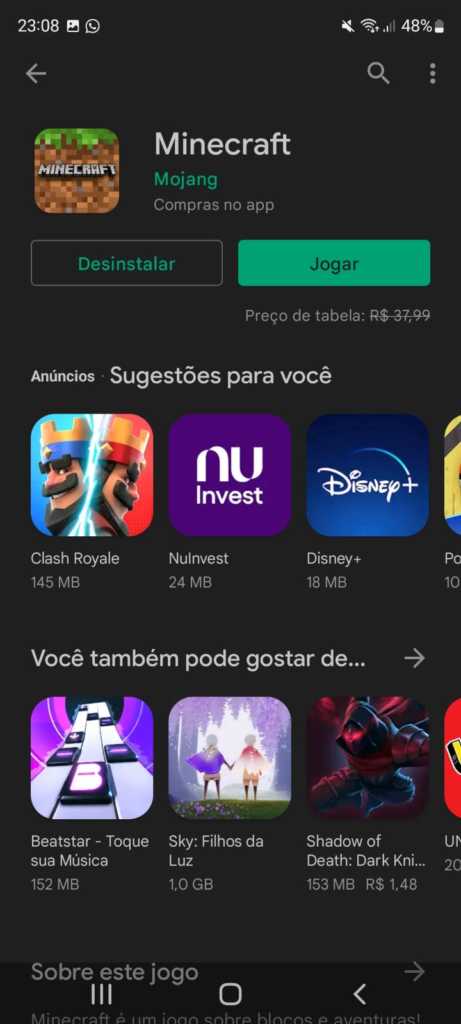 Galera, o Mine ficou de graça na Play Store, corre lá e vê se vc consegue  baixar! Minecraft Mojang Compras no app Desinstalar I Jogar Preço de  tabela: - iFunny Brazil