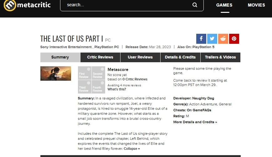 TLOU PART I site Metacritic 