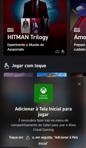 Tela inicial do Xbox Cloud Gaming para mobile