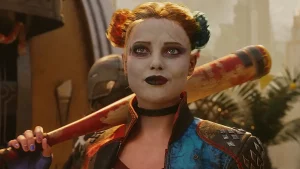 A imagem exibe a personagem Arlequina em Esquadrão Suicida: Mate a Liga da Justiça.