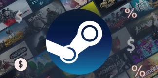 Logotipo do Steam com jogos variados ao fundo, destacando o vencedor do Steam Deck 2023 em oferta com 50% de desconto.