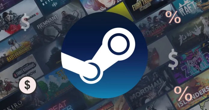 Logotipo do Steam com jogos variados ao fundo, destacando o vencedor do Steam Deck 2023 em oferta com 50% de desconto.