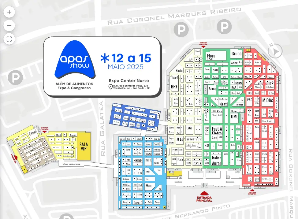 Mapa oficial APAS SHOW 2025 com todos os pavilhões do evento — Reprodução