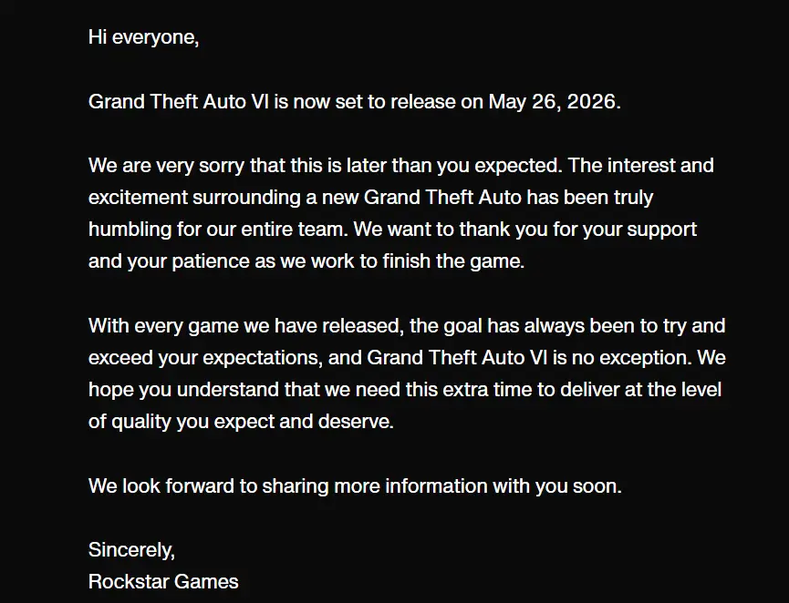 Adiamento de GTA 6 Frustra Fãs, que Agora Aguardam 2026 1 comunicado gta6 adiamento 2026