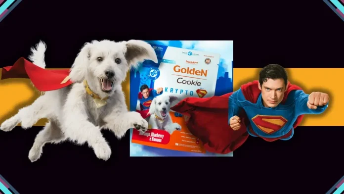 GoldeN Cookie Krypto, um biscoito para cães adultos, uma parceria entre GoldeN e Warner Bros
