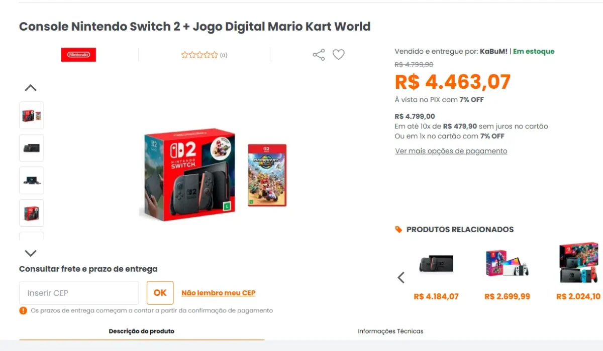 Nintendo Switch 2 valores informados no site da Kabum