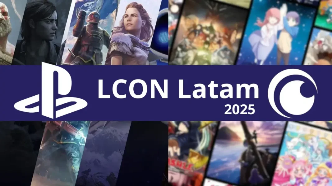 Logo da LCON Latam 2025 com destaque para Playstation e Crunchyroll em evento de licenciamento em São Paulo.