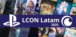 Logo da LCON Latam 2025 com destaque para Playstation e Crunchyroll em evento de licenciamento em São Paulo.