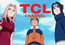 A imagem exibe a TCL Channel e os personagens de Naruto