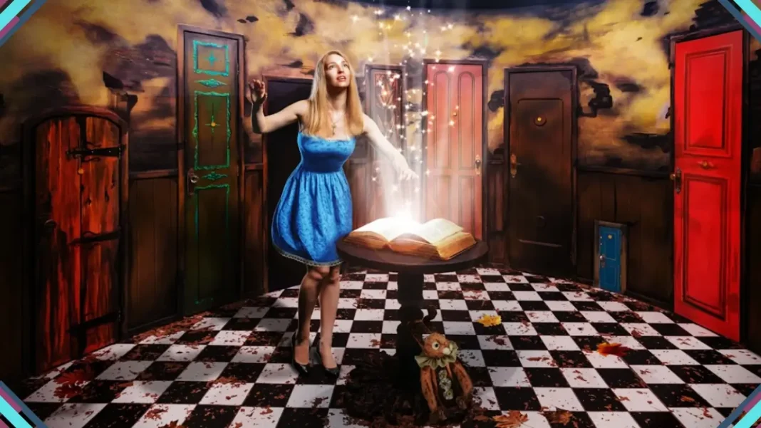 Mesa do jantar temático Alice no País das Maravilhas no Escape Club, em Moema, com decoração e pratos inspirados na história.