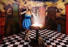 Mesa do jantar temático Alice no País das Maravilhas no Escape Room Club, em Moema, com decoração e pratos inspirados na história.