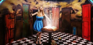 Mesa do jantar temático Alice no País das Maravilhas no Escape Room Club, em Moema, com decoração e pratos inspirados na história.
