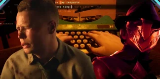 Jogador digitando em máquina de escrever com tensão, enquanto um homem com arma 38 aparece ao fundo, cenário de bunker.