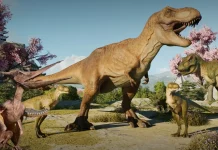 Cena realista de T-Rex e filhotes no parque jurássico da Frontier