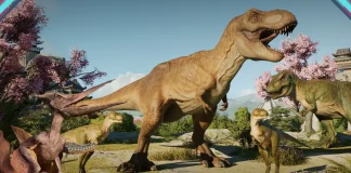 Cena realista de T-Rex e filhotes no parque jurássico da Frontier
