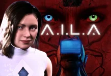 A personagem IA aparece com expressão neutra e enigmática, cercada por um fundo digital distorcido que reforça o clima psy-tech do jogo. O visual transmite inquietação e sugere que a simulação começa a ultrapassar a realidade.