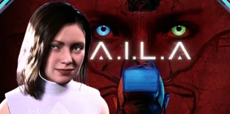 A personagem IA aparece com expressão neutra e enigmática, cercada por um fundo digital distorcido que reforça o clima psy-tech do jogo. O visual transmite inquietação e sugere que a simulação começa a ultrapassar a realidade.