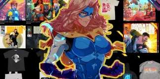 Loja oficial de Dispatch com produtos dos personagens do jogo, incluindo canecas, camisetas, moletons e pôsteres em destaque.