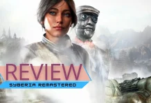 Syberia Remastered REVIEW – Uma Viagem Atemporal com Retoques Incompletos Kate Walker observando uma ampla paisagem nevada com estruturas mecânicas ao fundo.