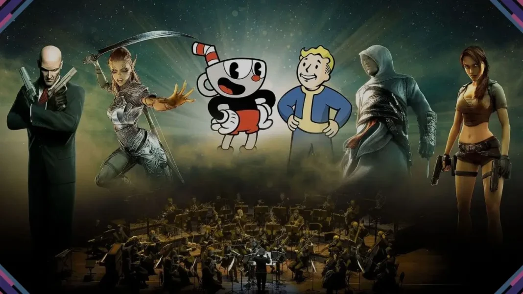 Personagens de jogos como Helldivers 2, Fallout 4, Returnal e Assassin’s Creed representando as franquias presentes no BAFTA Games in Concert 2026.