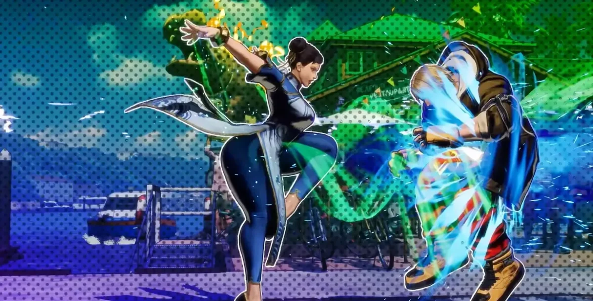 Chun-Li desfere golpe poderoso contra Ken em Fatal Fury: City of the Wolves.