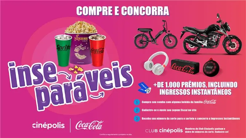 Cinépolis e Coca-Cola lançam campanha “Coca-Cola Inseparáveis” com prêmios e ingressos instantâneos 1 Promoção Coca-Cola Inseparáveis na Cinépolis com prêmios como moto, bikes elétricas e fones de ouvido.