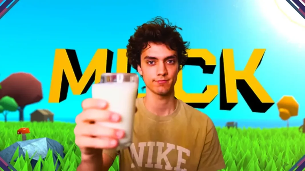 DaniDev em Muck segurando o famoso leite na paisagem do jogo.