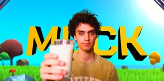 DaniDev em Muck segurando o famoso leite na paisagem do jogo.