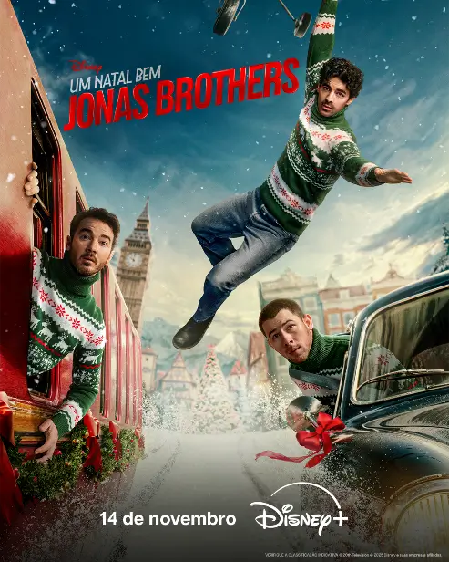 Esta semana no Disney+: Natal dos Jonas Brothers e outras novidades 1 Jonas Brothers celebrando o Natal juntos em clima festivo, com decoração natalina e luzes brilhantes.