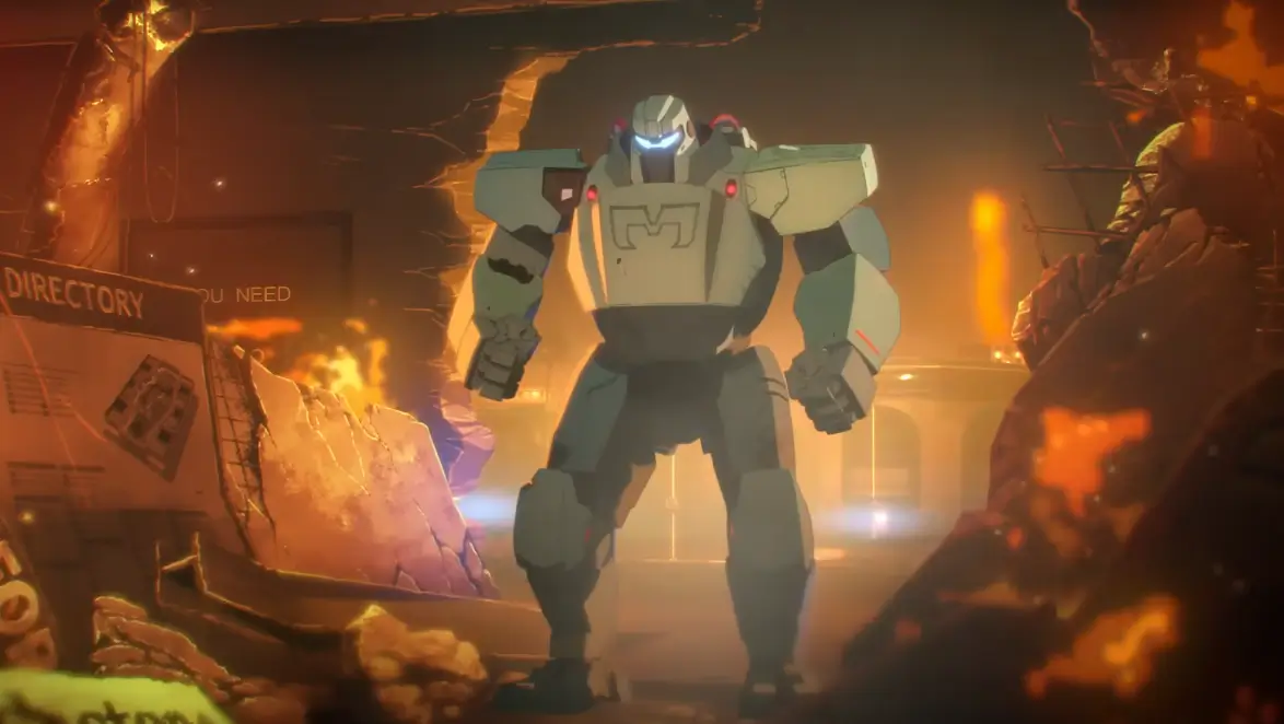 Chegaram os novos episódios 5 e 6 de Dispatch no PS5 e Steam 2 Mecha Man em um escritório pegando fogo durante cena intensa dos episódios 5 e 6 de Dispatch.