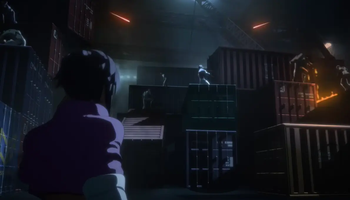 Chegaram os novos episódios 5 e 6 de Dispatch no PS5 e Steam 1 Invasiva em um galpão sombrio com capangas ao fundo na cena dos episódios 5 e 6 de Dispatch.