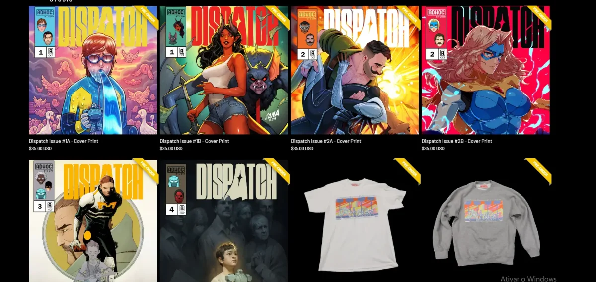Adhoc expande universo de Dispatch com loja oficial 2 A loja de Dispatch oferece produtos exclusivos dos personagens, como Luminar, Mecha Man e Aquaboy, incluindo camisetas, moletons, canecas e pôsteres.