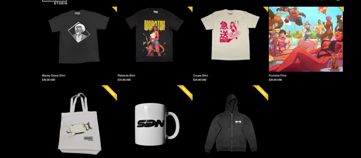 Adhoc expande universo de Dispatch com loja oficial 1 Loja oficial de Dispatch com produtos dos personagens do jogo, incluindo canecas, camisetas, moletons e pôsteres em destaque.