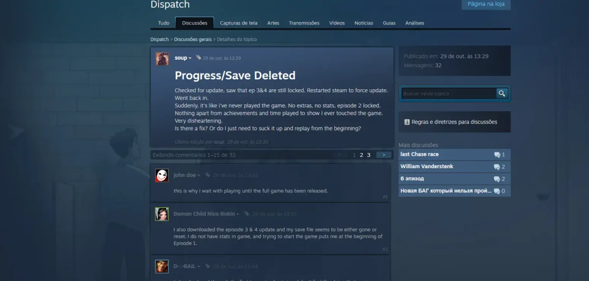 Comunidade da Steam debate bug que apaga saves em Dispatch e busca soluções com o estúdio.