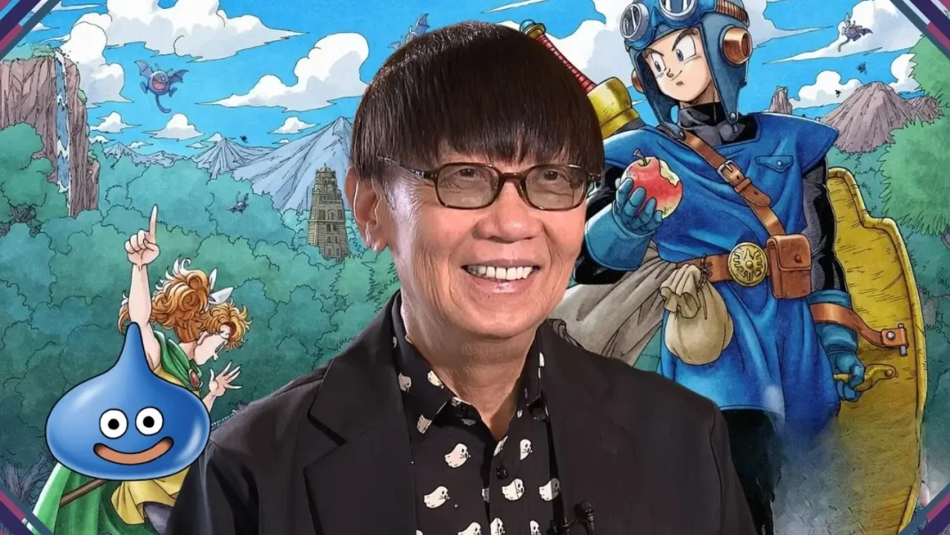 Montagem com personagens de Dragon Quest e o mascote do jogo celebrando Yuji Horii, criador da franquia, homenageado com a Ordem do Sol Nascente.
