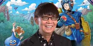 Montagem com personagens de Dragon Quest e o mascote do jogo celebrando Yuji Horii, criador da franquia, homenageado com a Ordem do Sol Nascente.
