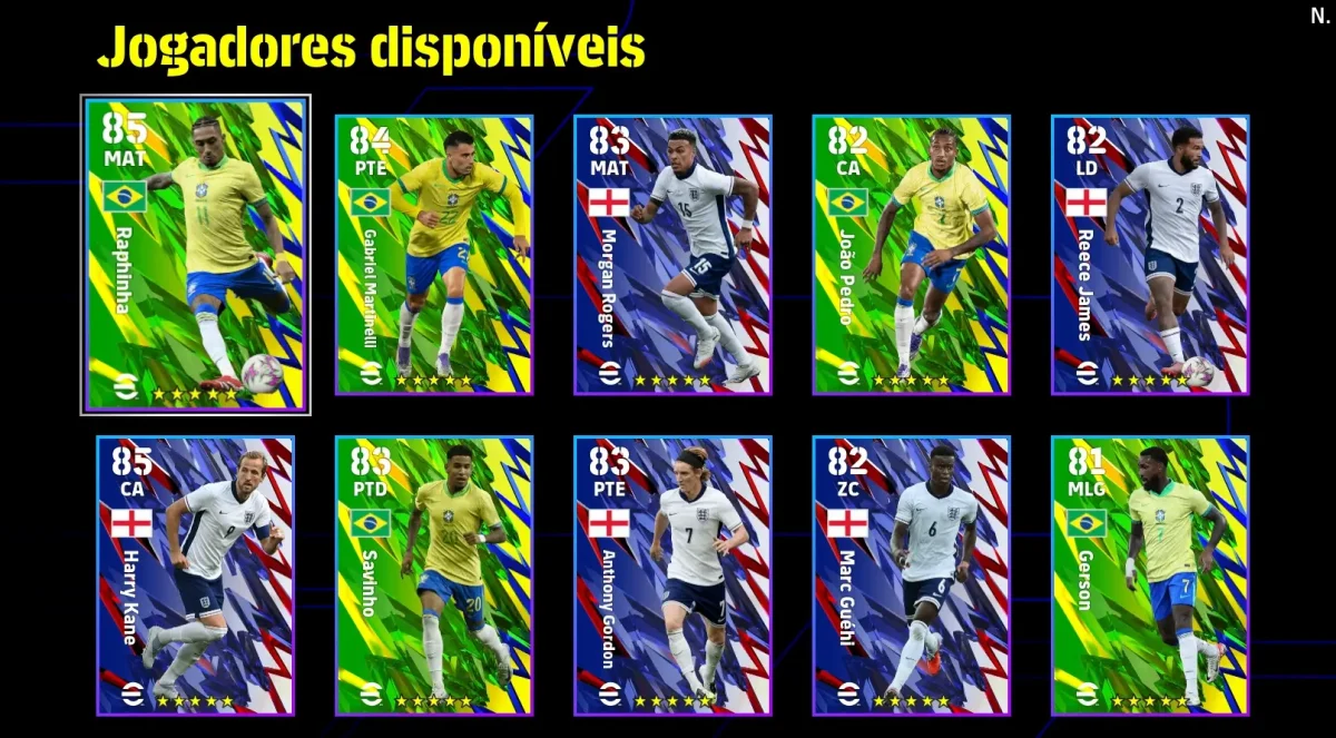 Cards de overall dos jogadores no eFootball 2026 exibindo atributos, níveis e o sistema atualizado da Konami.