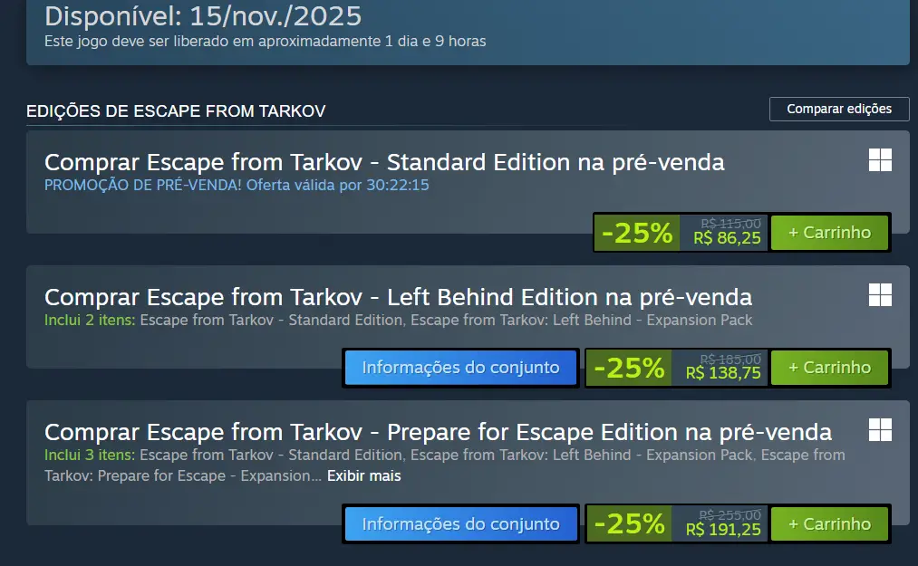 Escape from Tarkov chega ao Steam com 25% de desconto em todos os pacotes de pré-venda até 15 de novembro de 2025.