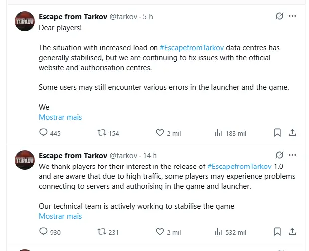 Escape from Tarkov: Servidores sobrecarregam em estreia no Steam 2 Publicação oficial da Battlestate Games no X informando aumento de datacenters e correções em andamento.
