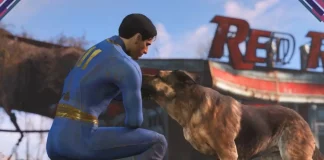 Protagonista de Fallout 4 ao lado de seu fiel companheiro Dogmeat em cenário pós-apocalíptico