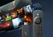 Imagem do Fire TV Stick 4K em frente a uma TV mostrando jogos, destacando uso com Xbox Cloud Gaming