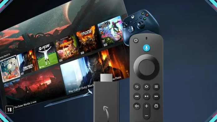 Imagem do Fire TV Stick 4K em frente a uma TV mostrando jogos, destacando uso com Xbox Cloud Gaming