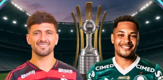 Arrascaeta e Vitor Roque frente a frente antes da final da Libertadores 2025.