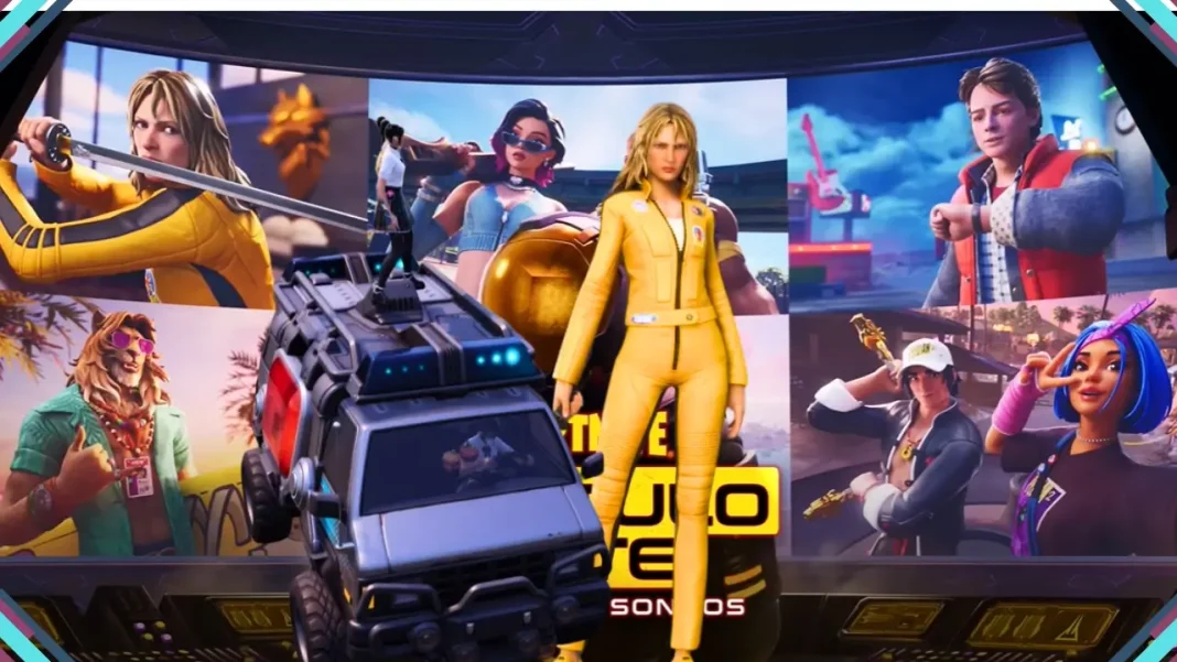 Reboot Van dirigível em destaque com Beatrix Kiddo de Kill Bill e skins de colaboração ao fundo