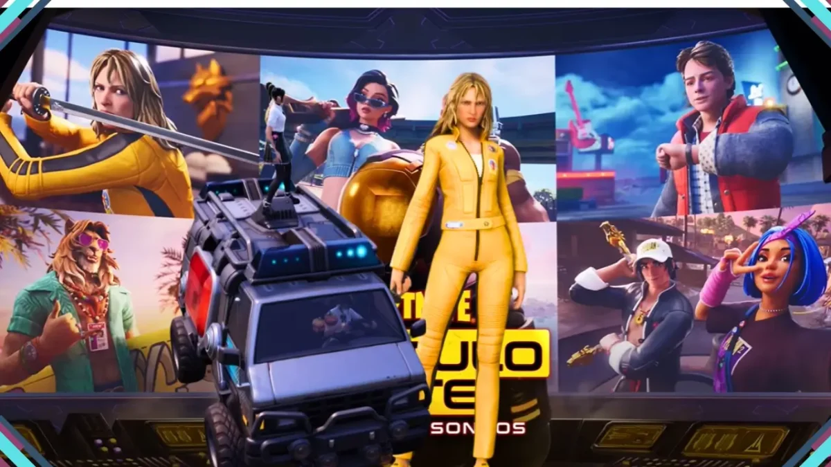 Reboot Van dirigível em destaque com Beatrix Kiddo de Kill Bill e skins de colaboração ao fundo