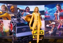 Capítulo 7 de Fortnite transforma as Reboot Vans em ambulâncias móveis Reboot Van dirigível em destaque com Beatrix Kiddo de Kill Bill e skins de colaboração ao fundo
