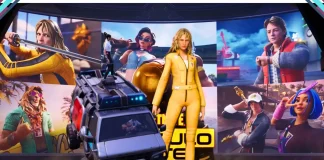 Reboot Van dirigível em destaque com Beatrix Kiddo de Kill Bill e skins de colaboração ao fundo