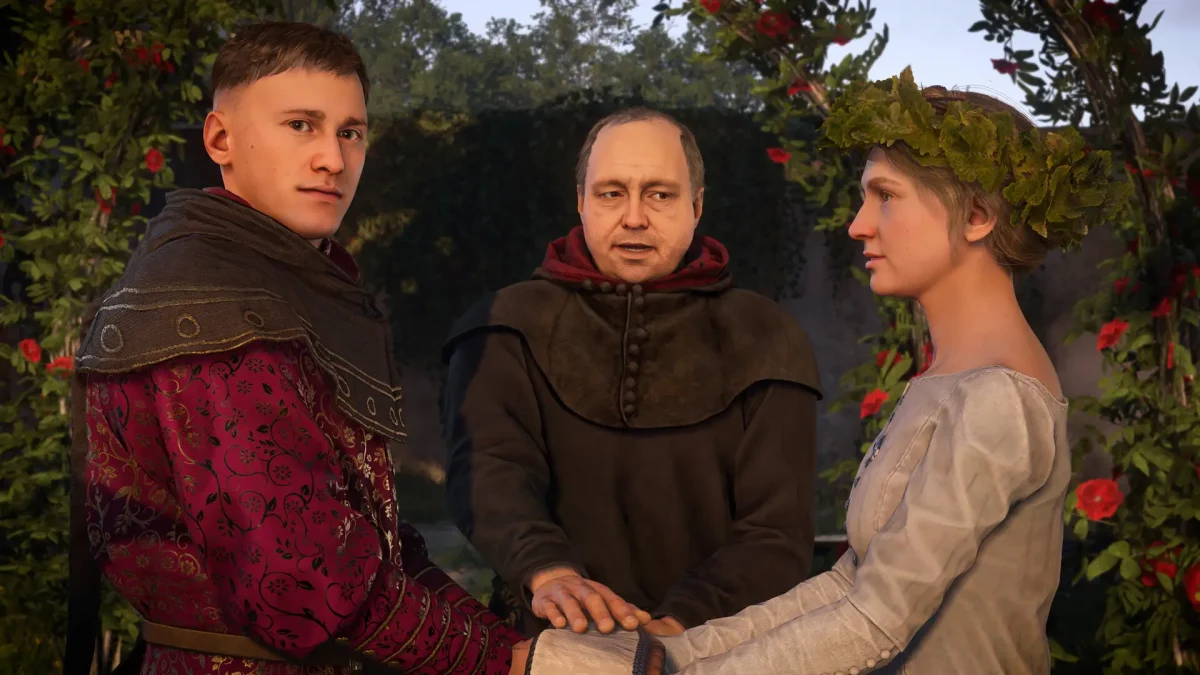 Cena de casamento em Kingdom Come: Deliverance II, destacando a ambientação medieval.