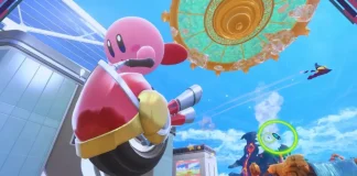 Kirby acelera em sua máquina estelar no evento Global Test Ride de Kirby Air Riders para Nintendo Switch 2.