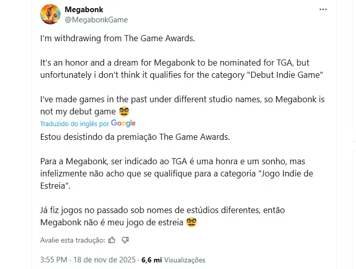 Print do comunicado oficial sobre a saída de Megabonk do TGA 2025 no X.